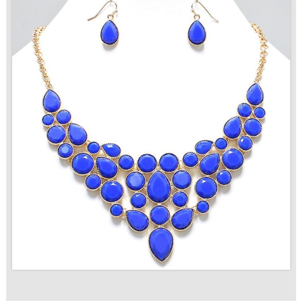 Chunky Blue Gold Framed Bib Statement Earrings Necklace Jewelry Set